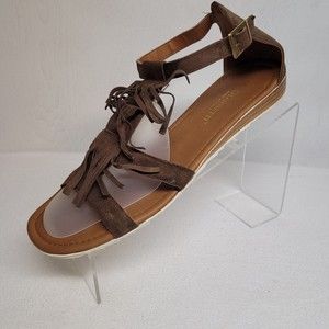 A Giannetti Brown Suede Woman Fringed Ankle Sz 9.5M Strap Gladiator Sandal Italy